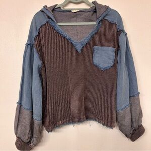 POL Women’s V-Neck Striped and Denim Hoodie- Medium